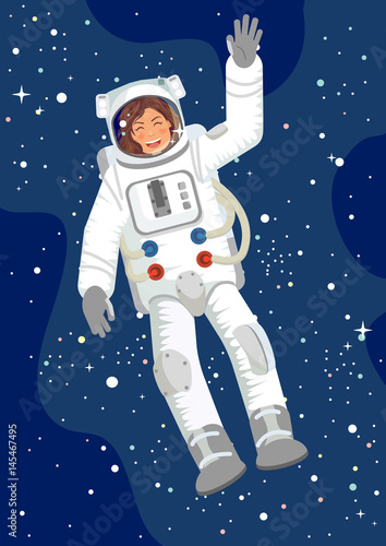 woman astronaut with raised hand in the Space, vector