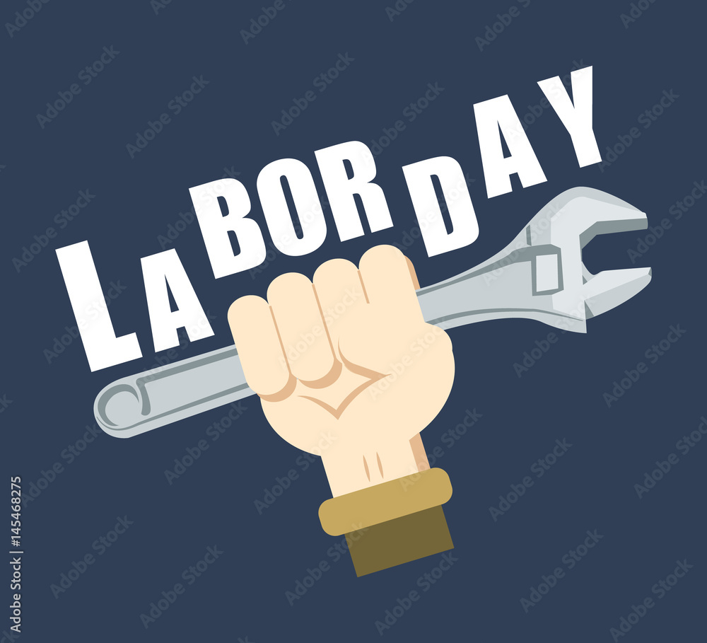 Happy labor day poster, the electrician's hand holding a wrench and put up in the air with blue background, flat design cartoon vector illustration. American holiday concept. Happy labor day poster, the electrician's hand holding a wrench and put up in the air with blue background, flat design cartoon vector illustration. American holiday concept.