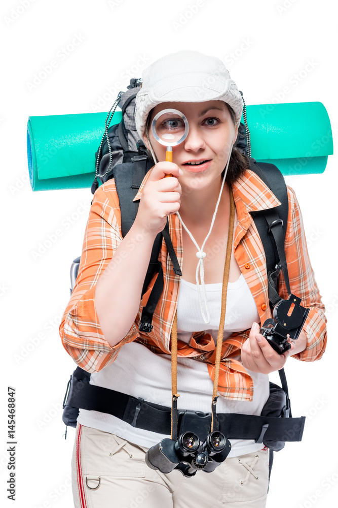 Portrait of a tourist biologist with a magnifier on a white background Portrait of a tourist biologist with a magnifier on a white background