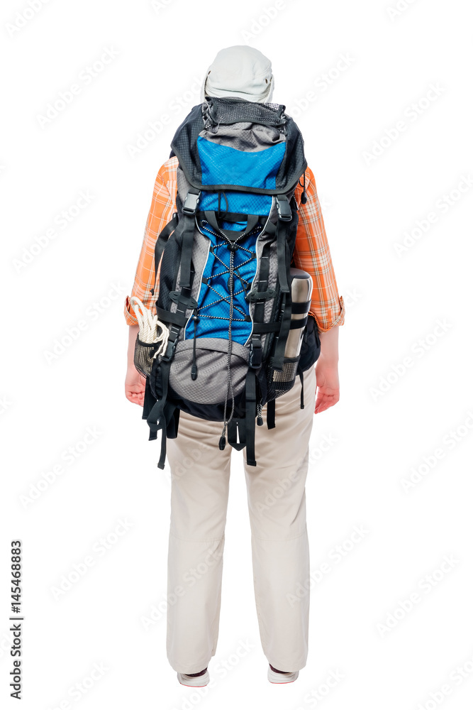 Tourist with a heavy large backpack, rear view on a white background Tourist with a heavy large backpack, rear view on a white background
