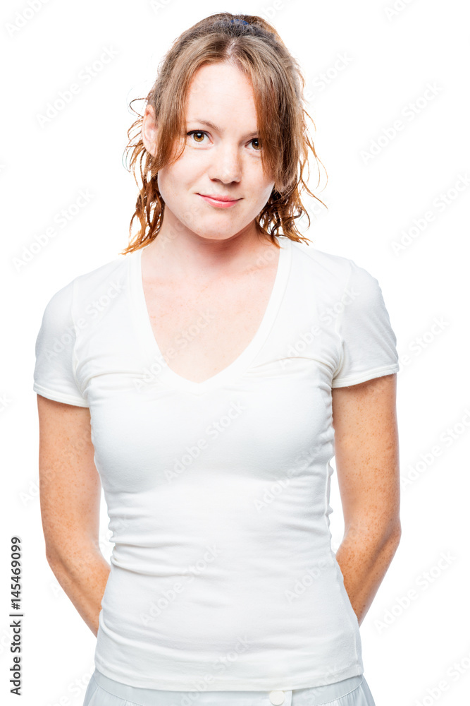 Portrait of a red-haired girl in white clothes isolated Portrait of a red-haired girl in white clothes isolated