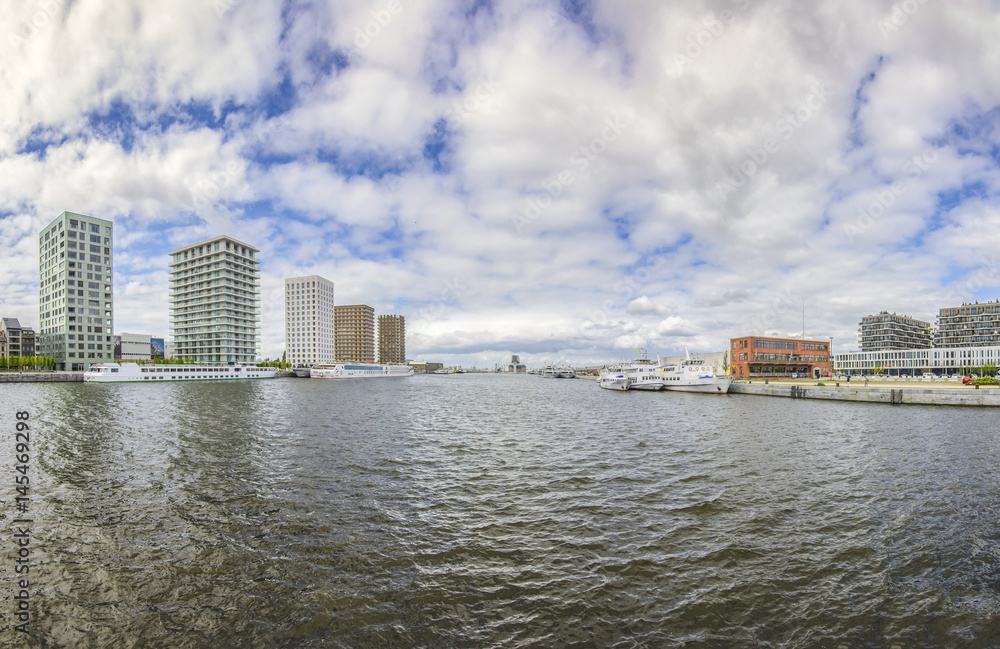 ANTWERP, BELGIUM - APRIL 13. 2017 Evening view of the dock with the name ANTWERP, BELGIUM - APRIL 13. 2017 Evening view of the dock with the name