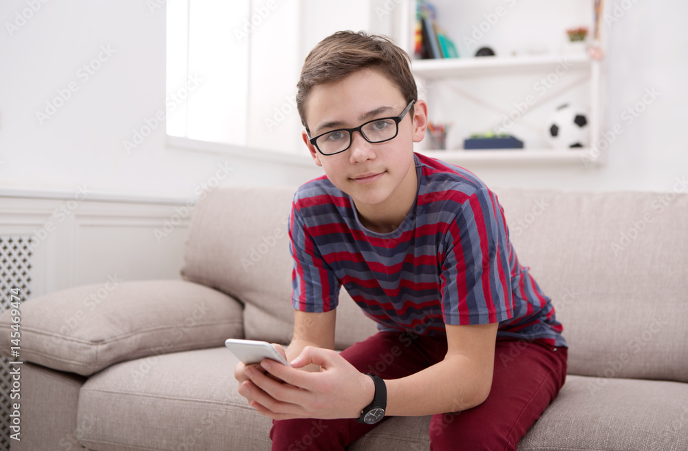 Teenager with mobile phone in living room at home Teenager with mobile phone in living room at home