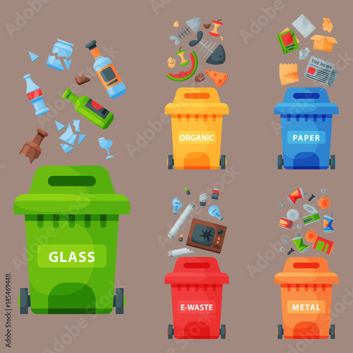 Recycling garbage elements trash bags tires management industry utilize waste can vector illustration.