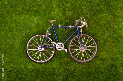Mini retro blue toy bike on the grass meadow