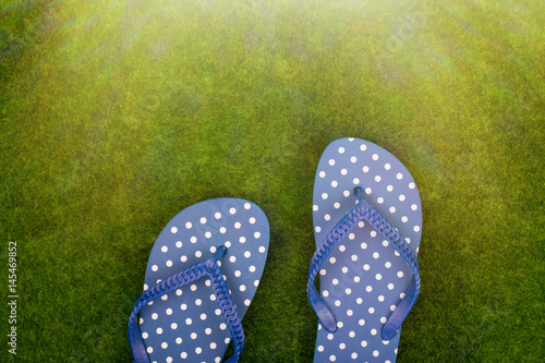 Blue flip flops in white polka dots on the grass meadow