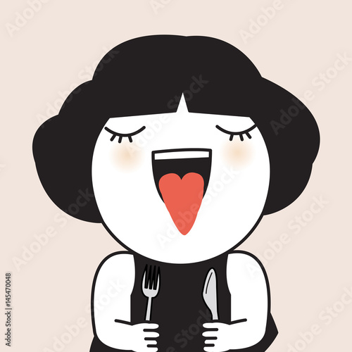 Girl With Heart Shaped Tongue Waiting An Order Of Her Favourite Food In A Restaurant Concept Card Character