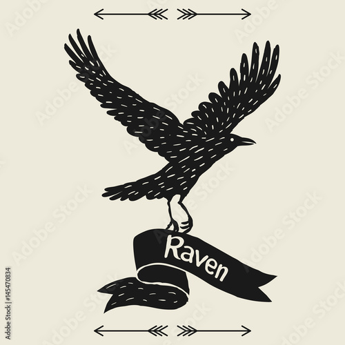 Background with black flying raven. Hand drawn inky bird and ribbon