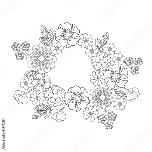 Coloring page with decorative floral frame and space for text. Outline hand drawn coloring book for adult and older children. Vector illustration.