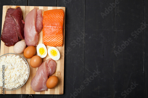 Proteins, fish, cheese, eggs, meat and chicken on a black background