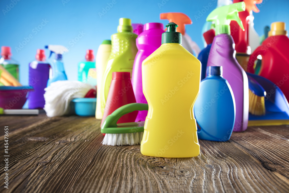 Variety House Cleaning Product On Wood Table Stock Photo