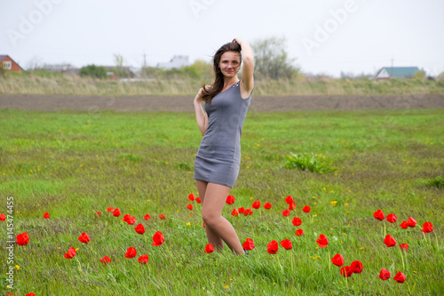 Beautiful fairy young girl in a field among the flowers of tulips. Portrait of a girl on a background of red flowers and a green field. Field of tulips