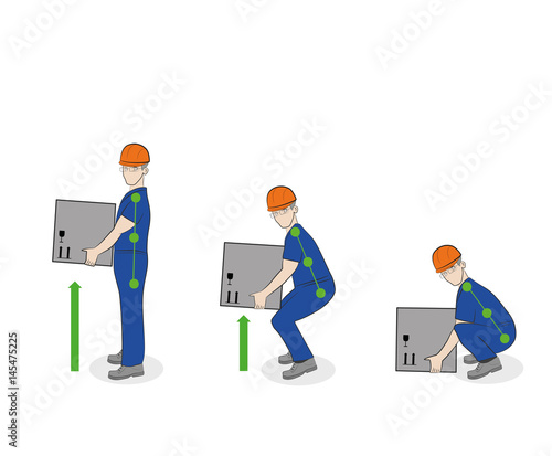 Correct posture to lift a heavy object safely. Illustration of health care. vector illustration