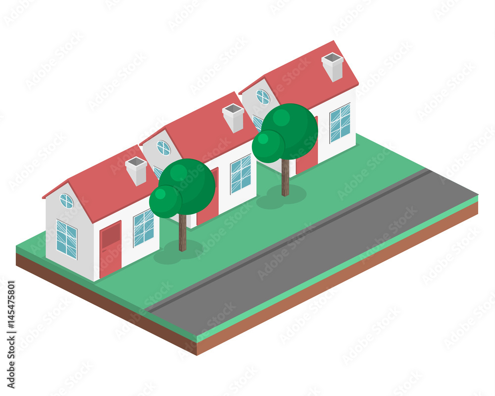 Fototapeta premium Isometric flat 3D vector cityscape. District with small single-storey houses
