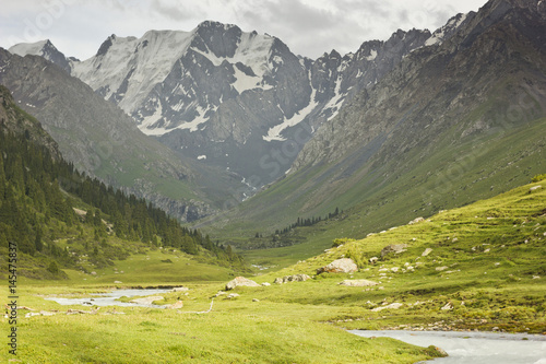 river valley with snow-covered mountains and green fields and forest on slopes