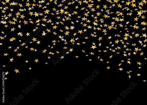 Gold stars falling confetti isolated on black background. Golden abstract random pattern Christmas card, New Year holiday. Shiny confetti paper star. Glitter explosion Vector illustration