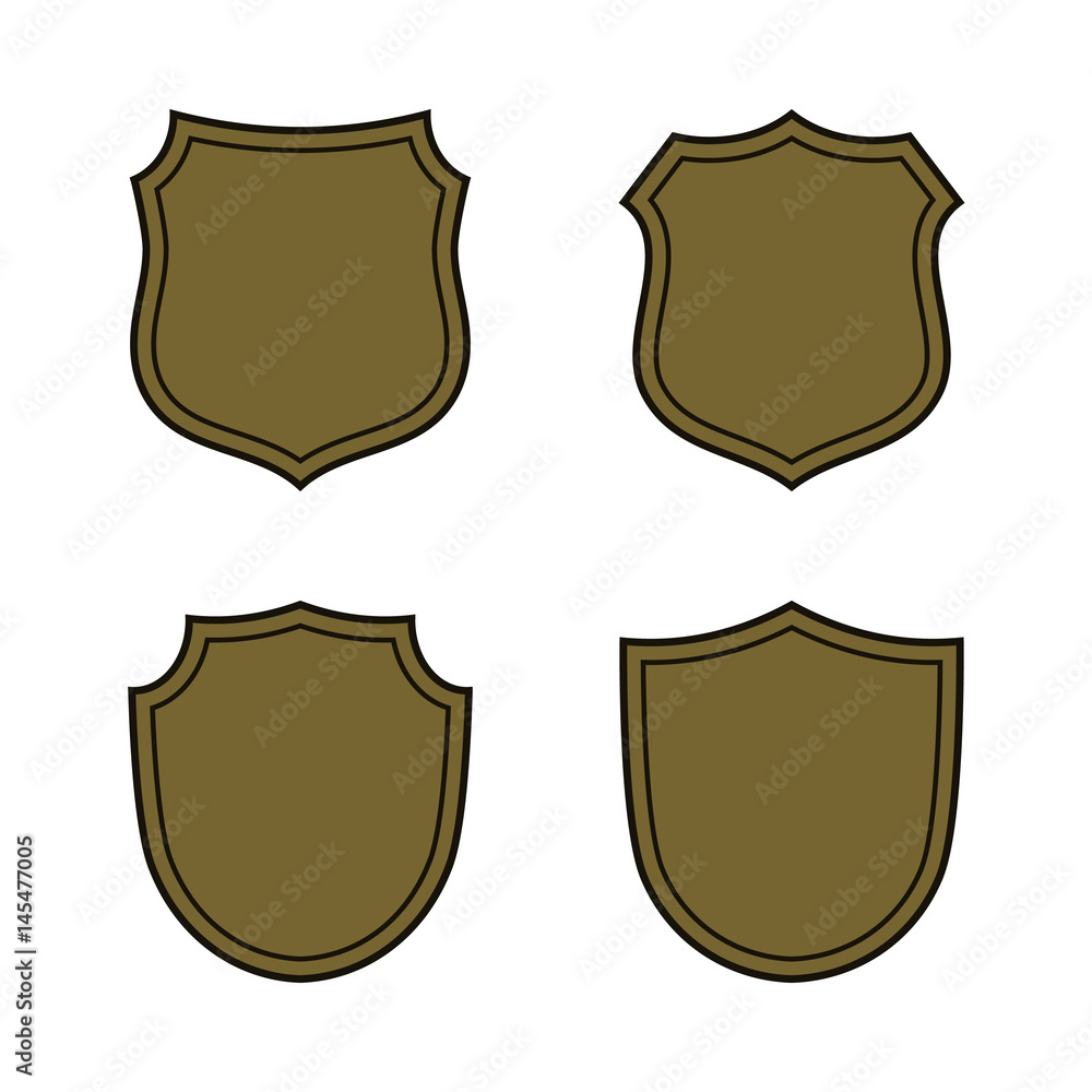 Shield shape bronze icons set. Simple silhouette flat logo on white background. Symbol of security, protection, safety, strong. Element for secure protect design emblem. Vector illustration Shield shape bronze icons set. Simple silhouette flat logo on white background. Symbol of security, protection, safety, strong. Element for secure protect design emblem. Vector illustration