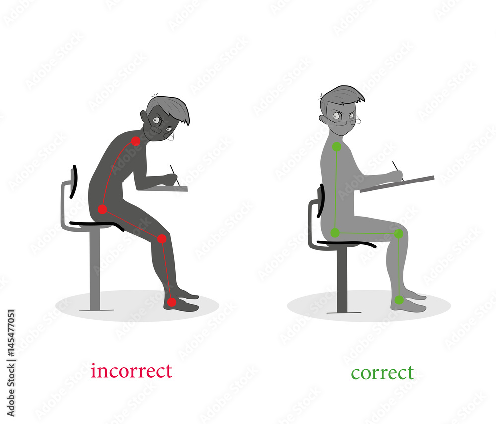 correct and incorrect posture when writing. vector illustration correct and incorrect posture when writing. vector illustration