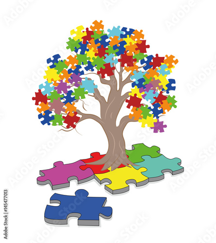 Puzzle Pieces in Autism Awareness Colors Background, 3D rendering