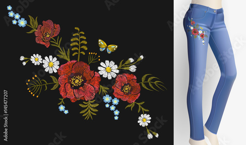 Embroidered flower patch rose poppy daisy herbs. Women slim jeans pair decoration floral ornament print sticker embroidery. Vintage fashion trendy design vector illustration