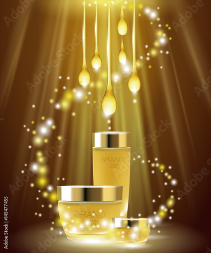 Golden oil cosmetic skin care ads. Banner background template promotion creme gold package. Sparkles light brand 3d realistic detailed vector illustration