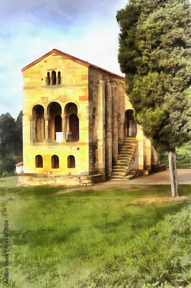 Colorful painting of Church of St Mary at Mount Naranco