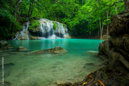 Beautiful and Breathtaking green waterfall  Erawan s waterfall  Located Kanchanaburi Province  Thailand