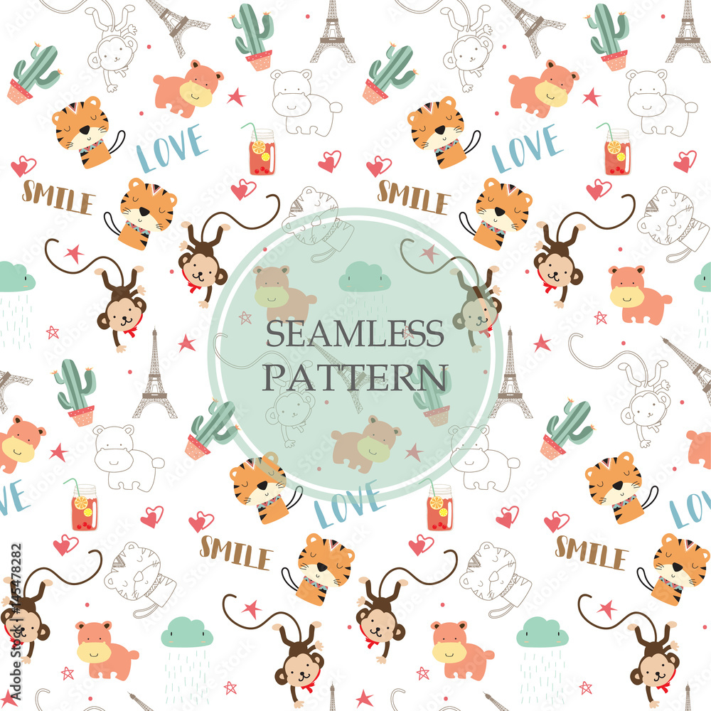 Fototapeta premium Light orange,white seamless pattern with tiger,hippopotamus,monkey and cactus