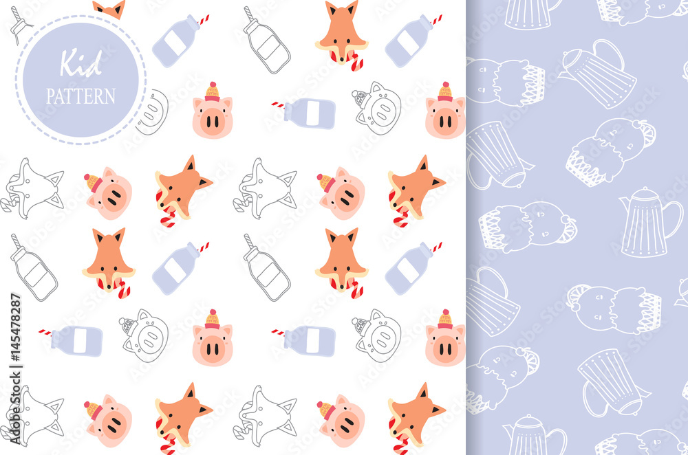 Light blue,white seamless pattern with fox,pig and ice cream