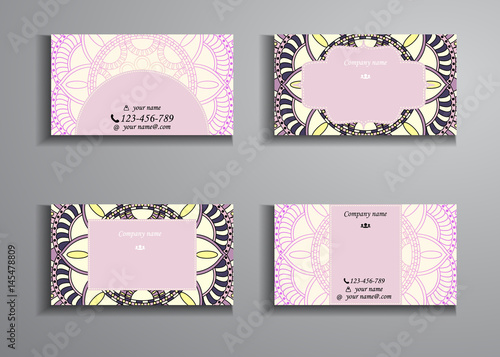 visiting card and business card big set. Floral mandala pattern and ornaments. Oriental design Layout, ottoman motifs. Front page and back page.