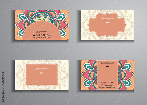 visiting card and business card big set. Floral mandala pattern and ornaments. Oriental design Layout, ottoman motifs. Front page and back page.