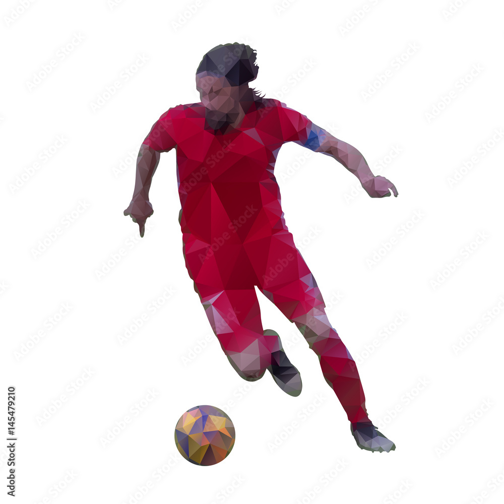 Soccer player in red jersey is running with ball, abstract geometric vector silhouette