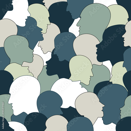 Seamless pattern of a crowd of many different people profile heads. Vector background.