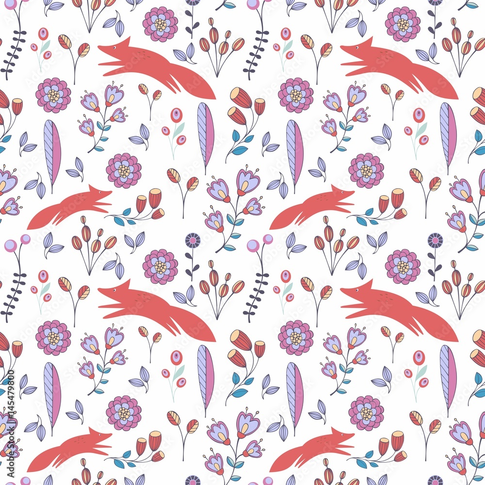Cute stylized seamless pattern with flowers and foxes. Funny vector background