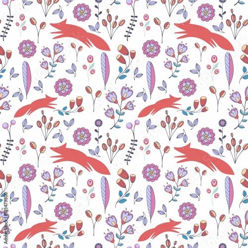 Cute stylized seamless pattern with flowers and foxes. Funny vector background