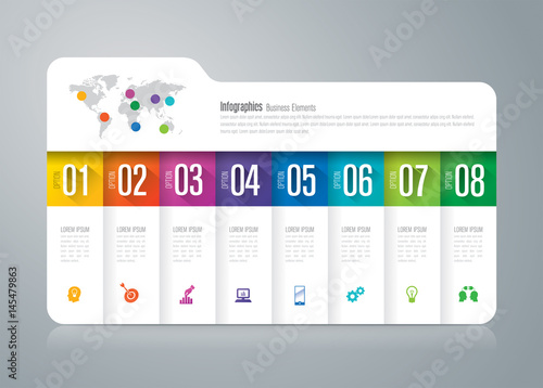 Folder infographics design vector and business icons with 8 options.