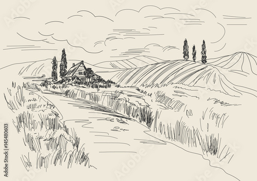 Hand drawn vector Illustration of wheat fields and village house. Ink drawing in vintage style.