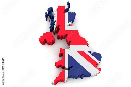 Country shape of Great Britain - 3D render of country borders filled with colors of Great Britain flag isolated on white background