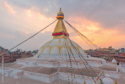 Evening view of Bodhnath stupa, Kathmandu, Nepal, Selective focus