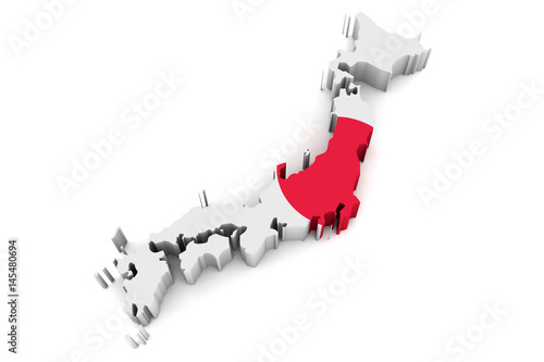 Country shape of Japan - 3D render of country borders filled with colors of Japan flag isolated on white background