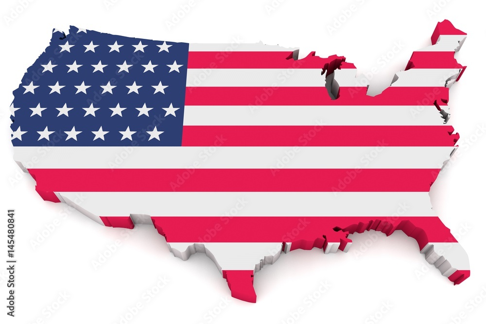Country shape of America/USA - 3D render of country borders filled with  colors of American flag isolated on white background Stock Illustration