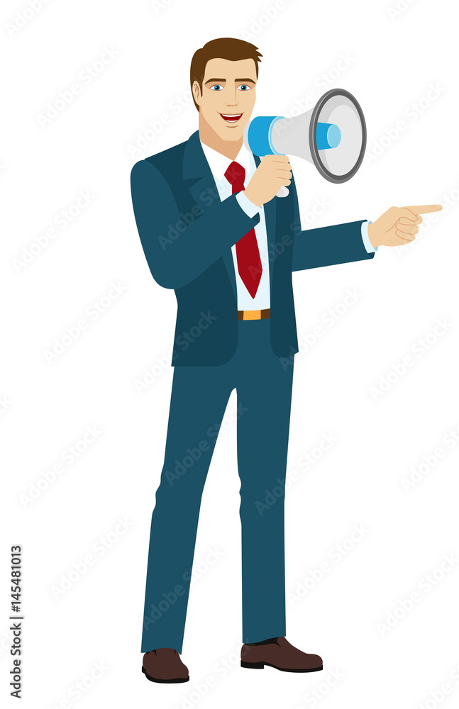 Businessman with loudspeaker pointing something beside of him Businessman with loudspeaker pointing something beside of him