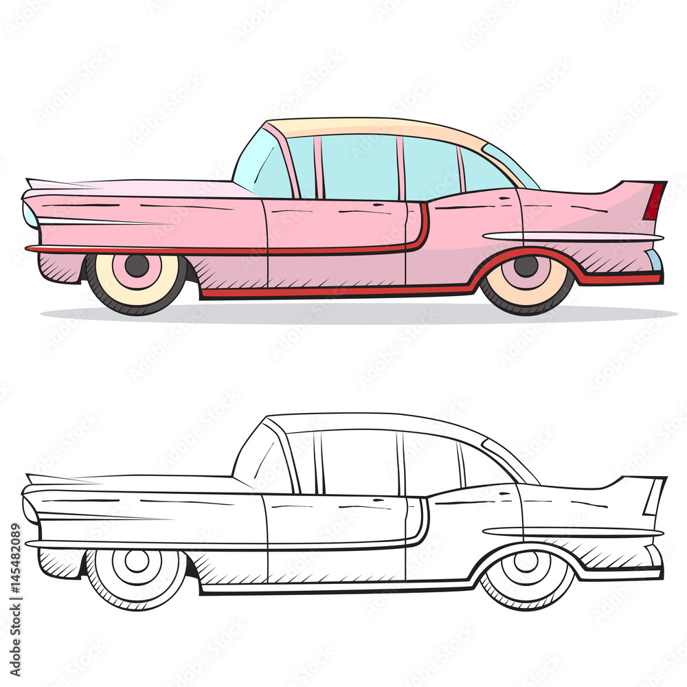 Retro car in cartoon style. Color and black outline retro auto. Classic car  hand drawn set Stock Vector | Adobe Stock