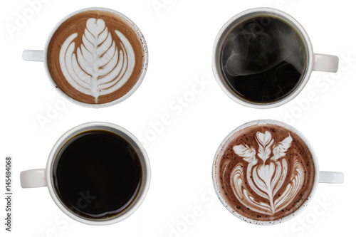 coffee cup assortment top view collection isolated on white Background.