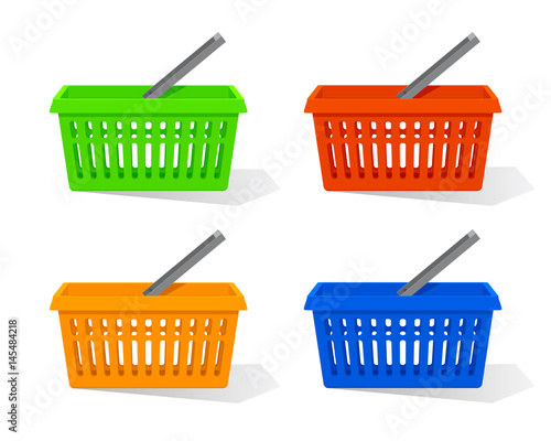 Vector illustration. Set of red, blue, orange and green empty plastic shopping basket with handle. Supermarket objects isolated on white background