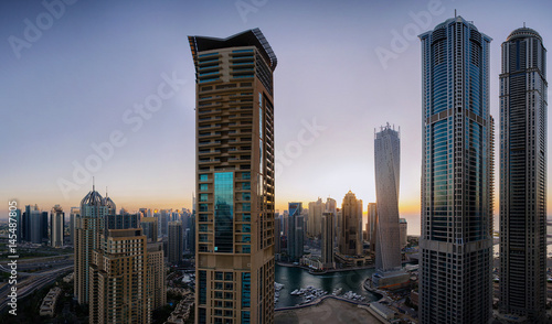 Sunset window view of Dubai city