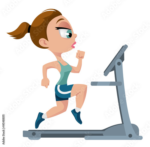 Fitness. Sports girl running on treadmill. Cartoon styled vector illustration. Elements is grouped for easy edit. No transparent objects. Isolated on white.