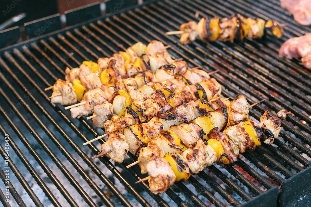 Roasted meat on the grill. Barbecue. BBQ. The outdoors and cooking on the fire.
