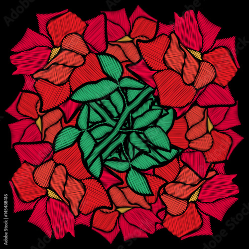 Red rose embroidery on a black background. Vector illustration. Design template. Floral pattern.