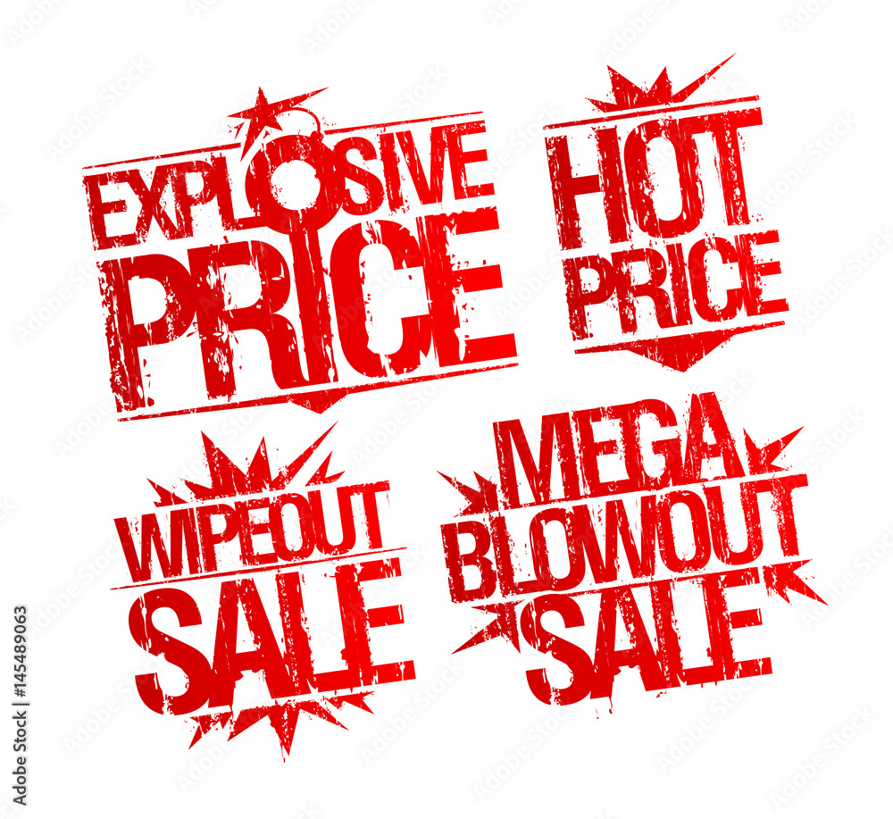 Explosive price, hot price, wipeout sale and mega blowout sale rubber stamps Explosive price, hot price, wipeout sale and mega blowout sale rubber stamps